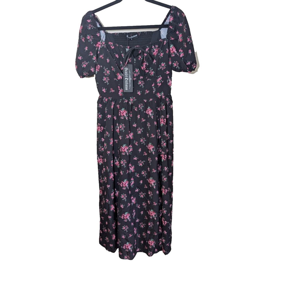 Scarlet Darkness Midi Dress Floral Smocking Puff Sleeve Dark Romantic Medium